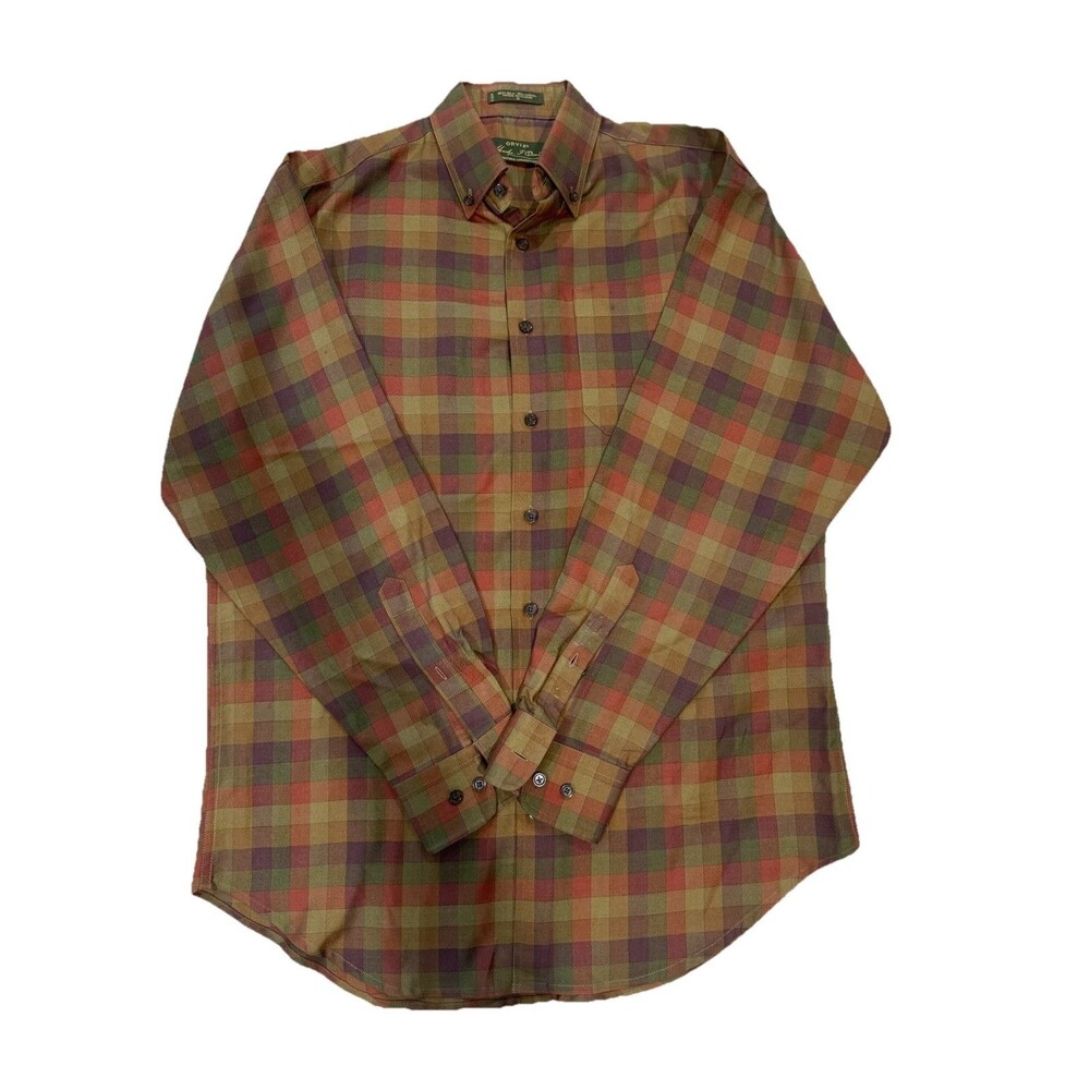 Orvis Shirt Mens M Brown Plaid Silk Wool Button Down Heritage Outdoors